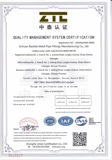 Cina Sichuan Baolida Metal Pipe Fittings Manufacturing Co., Ltd. Sertifikasi